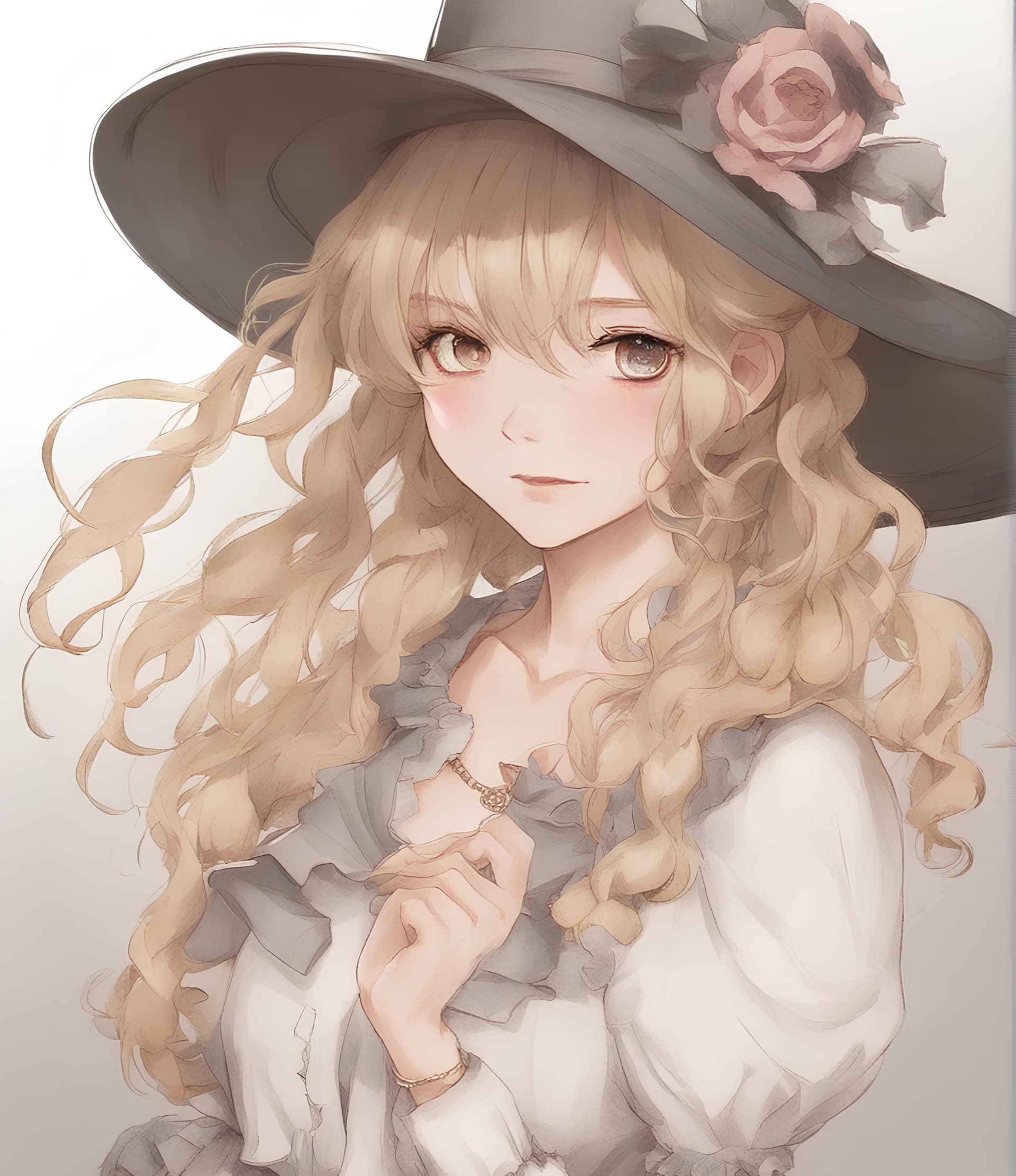 AI generated: a drawing of a woman in a dress and hat, by Rei Kamoi, pixiv, blond hair with pigtails, full body;, ...
