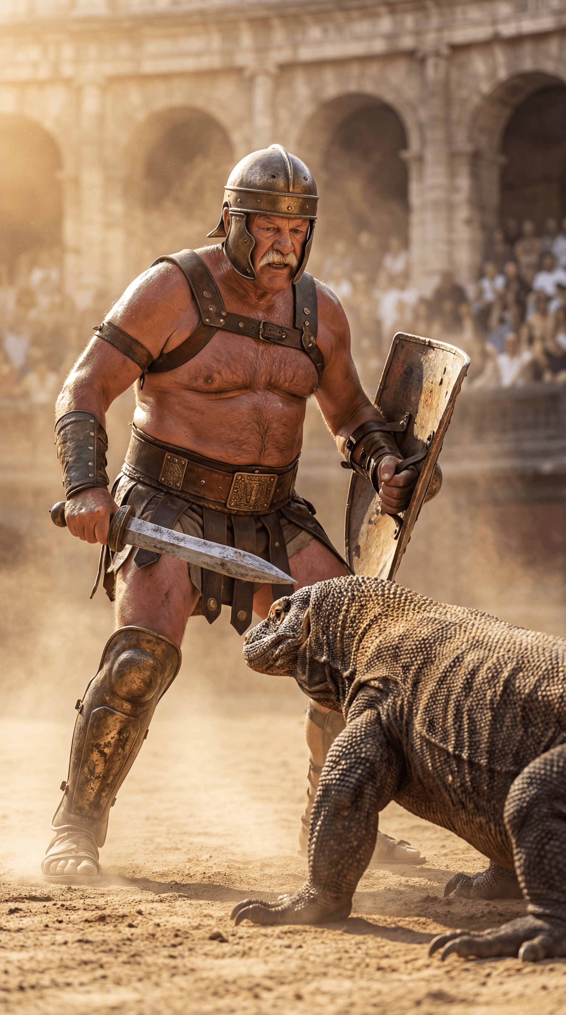 AI generated: Ultra-realistic documentary-style action photography inside the Roman Colosseum, bathed in warm gold...