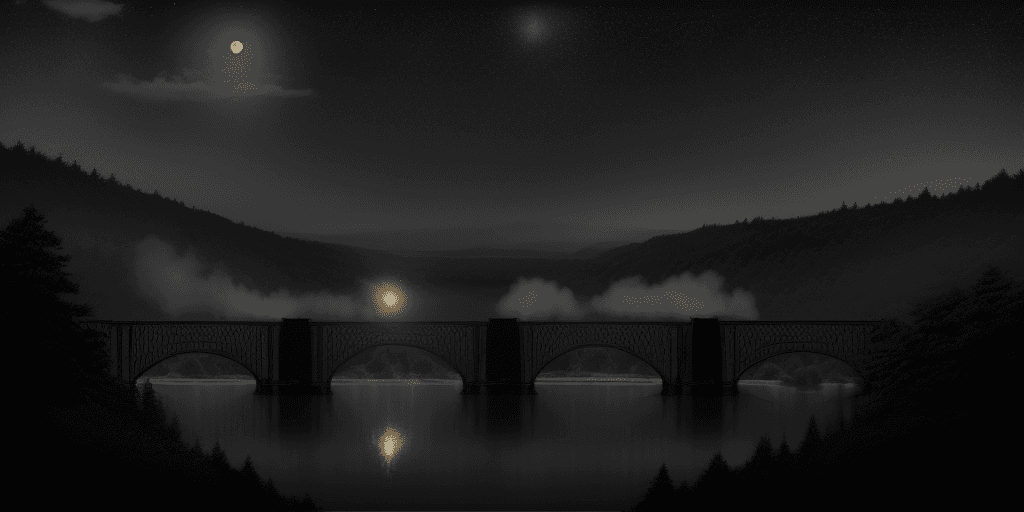 AI generated: An old 1930s steam train travelling rightward, crossing a bridge over water far away in the distance...