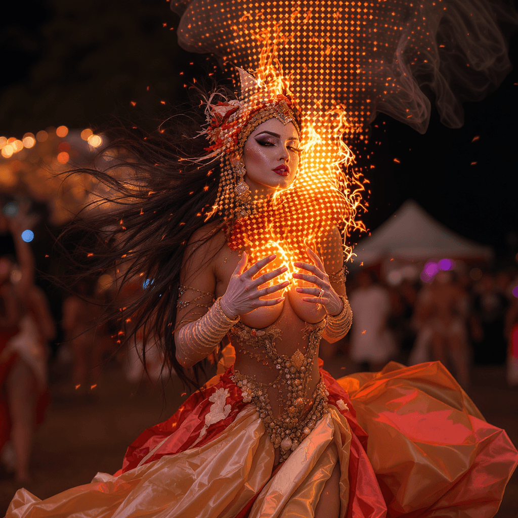 AI generated: beatiful model woman out fit burning man, in te heart of festival burninf man with efect visual styl...