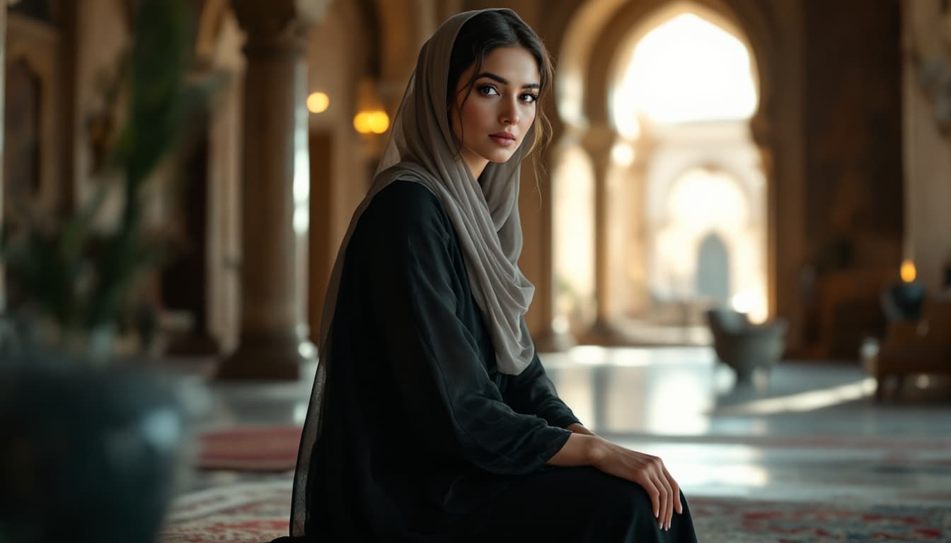 AI generated: "Full body photograph.  woman sitting no makeup from the Middle East looks at the camera.  In the in...