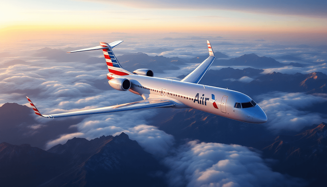AI generated: An 8K, photorealistic image of  and American airlines regional jet airplane from the side flying ove...