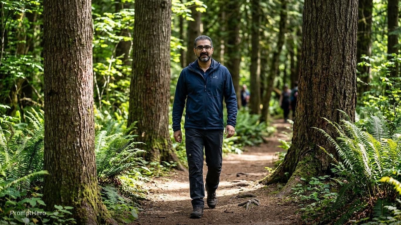 AI generated: A picture for described him standing in the forest, wearing blue jacket and walking in between the t...