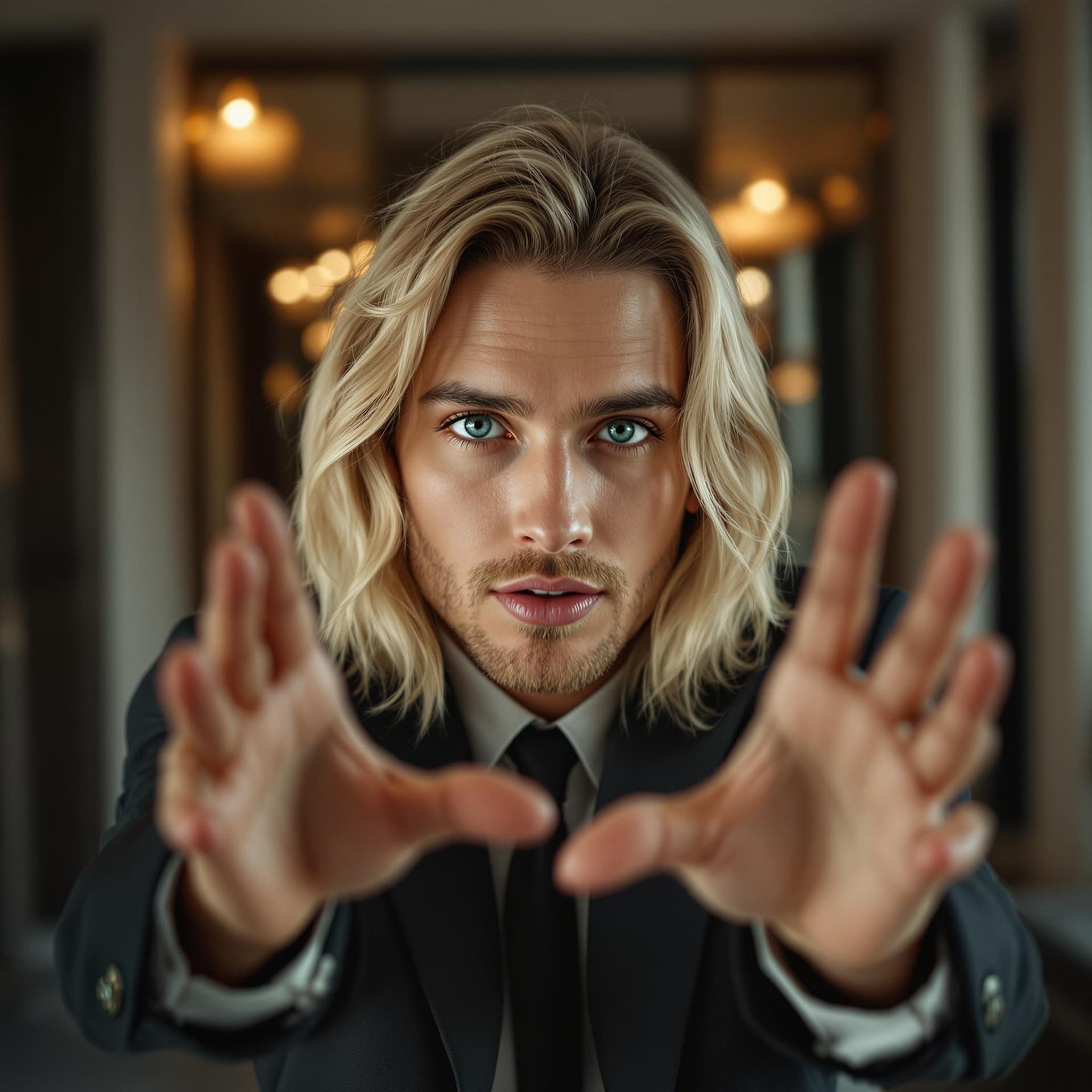 AI generated: A beautiful blonde about 30 years old. Selfie realistic . He stretches out his hands towards the len...