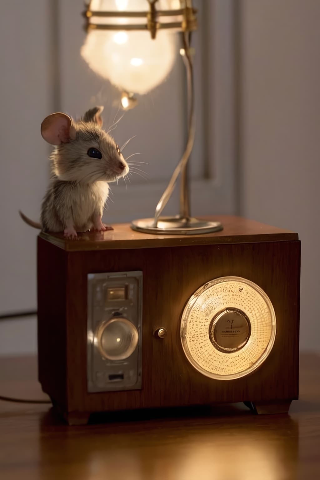 AI generated: A tiny furry mouse looking at a gleaming art deco 1930s radio made of polished wood, glowing dial, e...