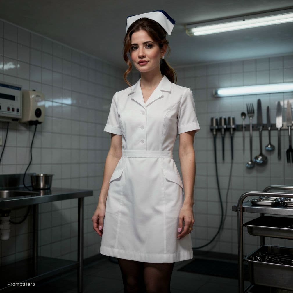 AI generated: Same to same face, A playful yet provocative scene of a curvy nurse with an hourglass figure and sof...