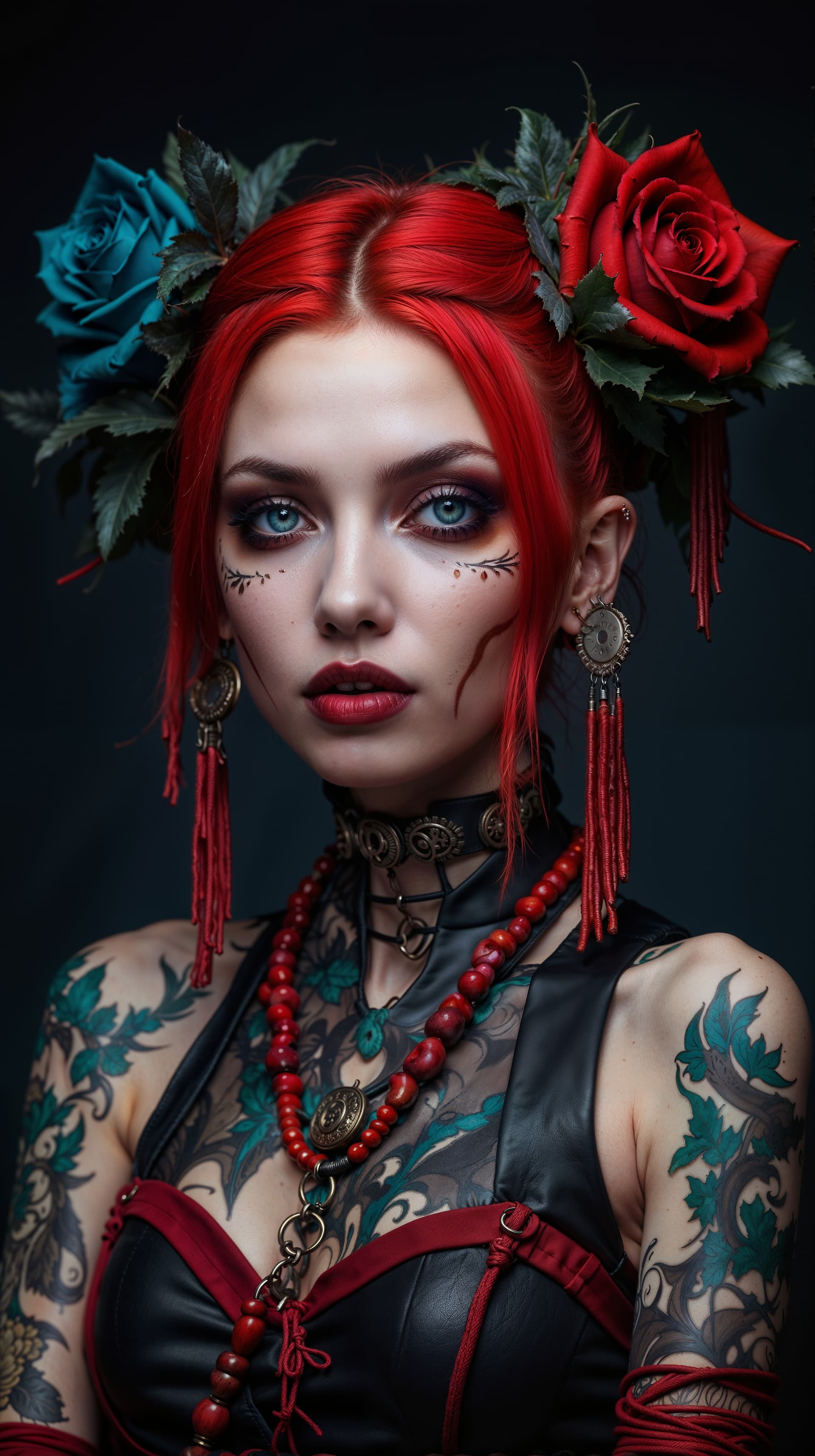 AI generated: An intricately adorned Gothic Trixie, embodying a fusion of cybergoth, midwest gothic, nu-goth, and ...