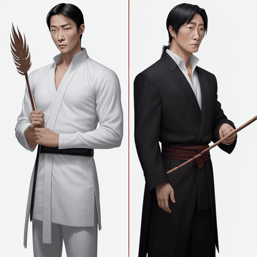AI generated: A tall young man resembling movie legends Jet Li and Jackie Chan mythology, leans in a sophisticated...