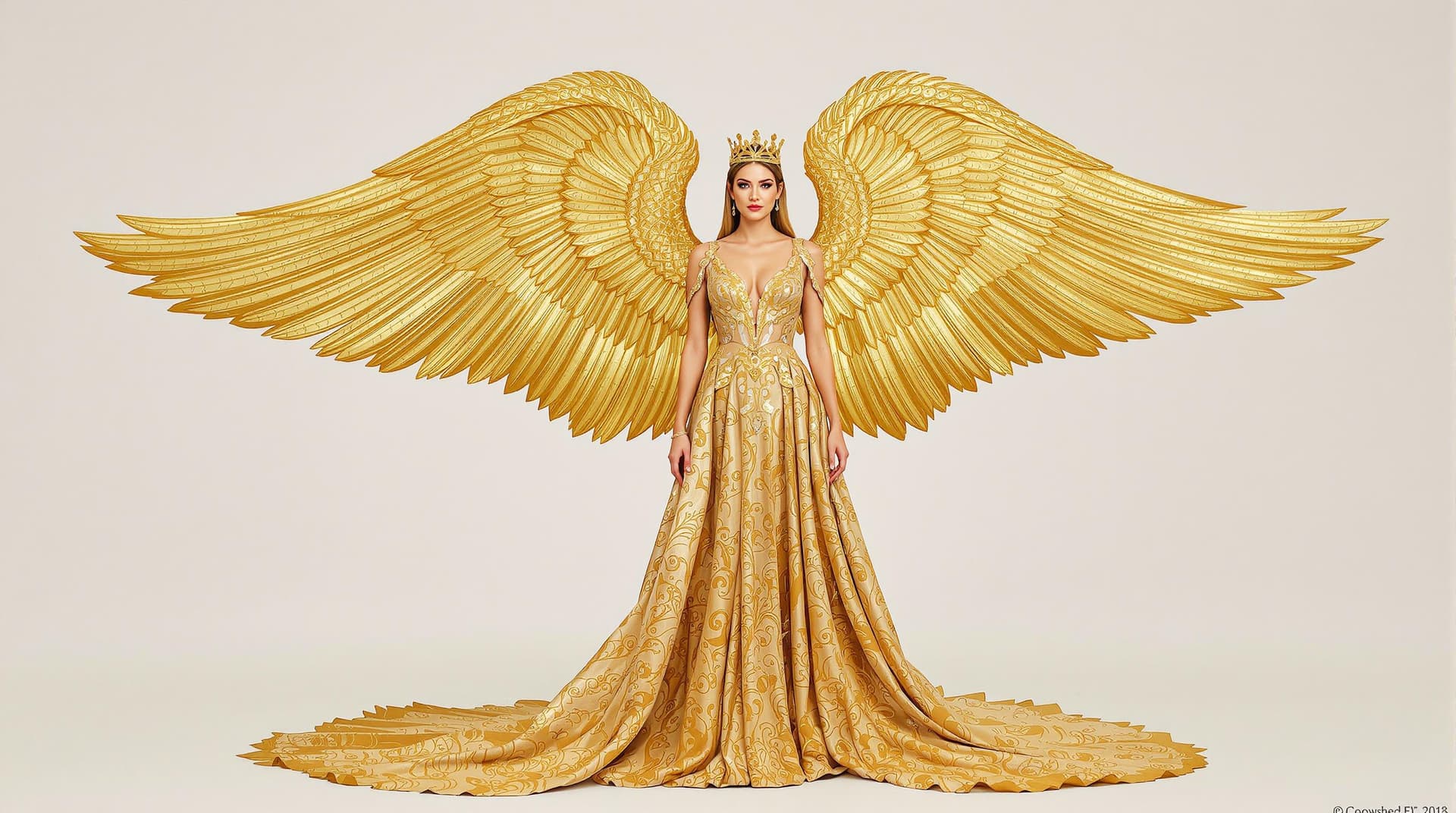 AI generated: A woman adorned in a golden, intricately designed gown that cascades down to the ground. She is also...