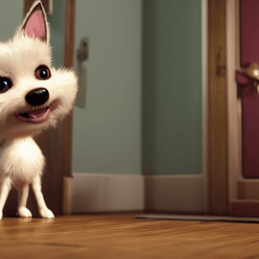 AI generated: Cute small Dog waving at me and smiling greeting me in front of theater door ,unreal engine, cozy in...