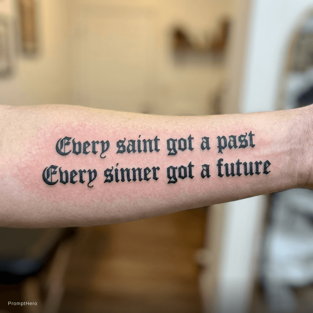 AI generated: "Every saint got a past 
Every sinner got a
future" written in Old English font