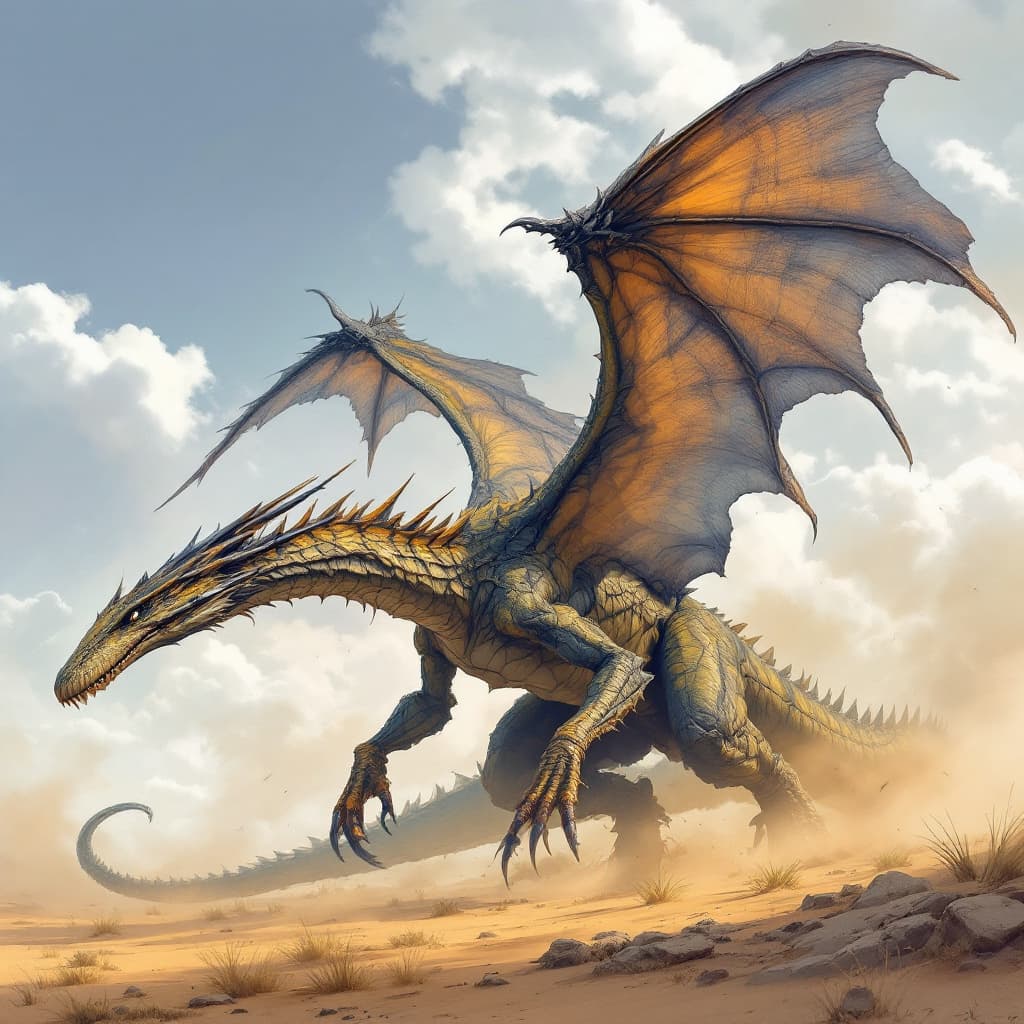 AI generated: New hybrid species, between a dinosaur and a dragon with wings. a biped. The skin must be reptilian....