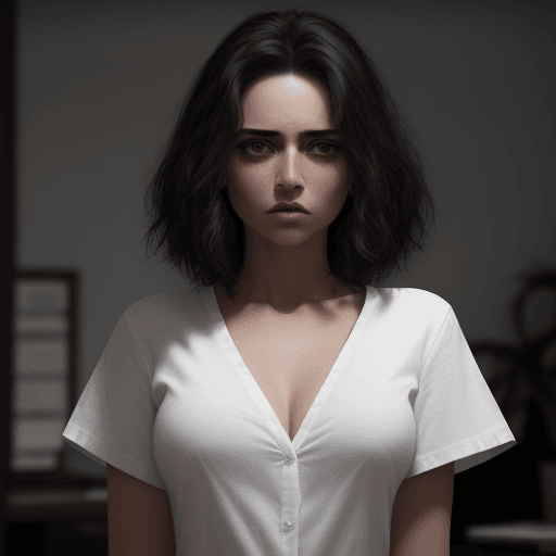 AI generated: mujer con ojos marrones y pelo medio crespo largo. que este dialogando con un señor blanco, pelo osc...