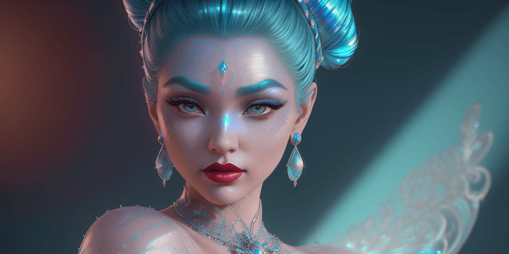 AI generated: An extremely gorgeous woman, with top knots full of cyan jewelers, delicate intricate iridescent det...