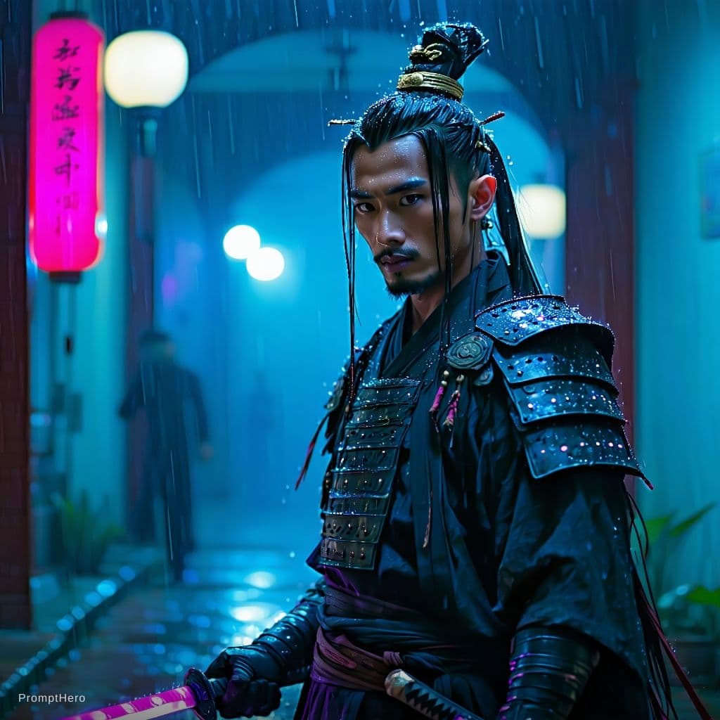 AI generated: cyberpunk Sundanese warrior (jawara), wearing traditional black pangsi outfit with modern cyberpunk ...