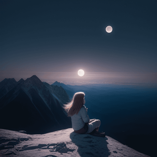 AI generated: High resolution photography OF GIRL SIT ON MOUNTAIN AND SEE THE MOON. AESTHETIC
 