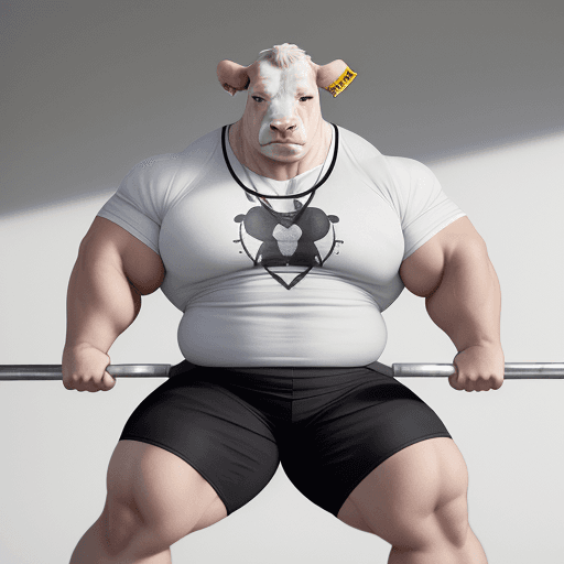 AI generated: White Nelore bull, anthropomorphic adult cattle, a Weightlifter, very strong, doing a lot of strengt...