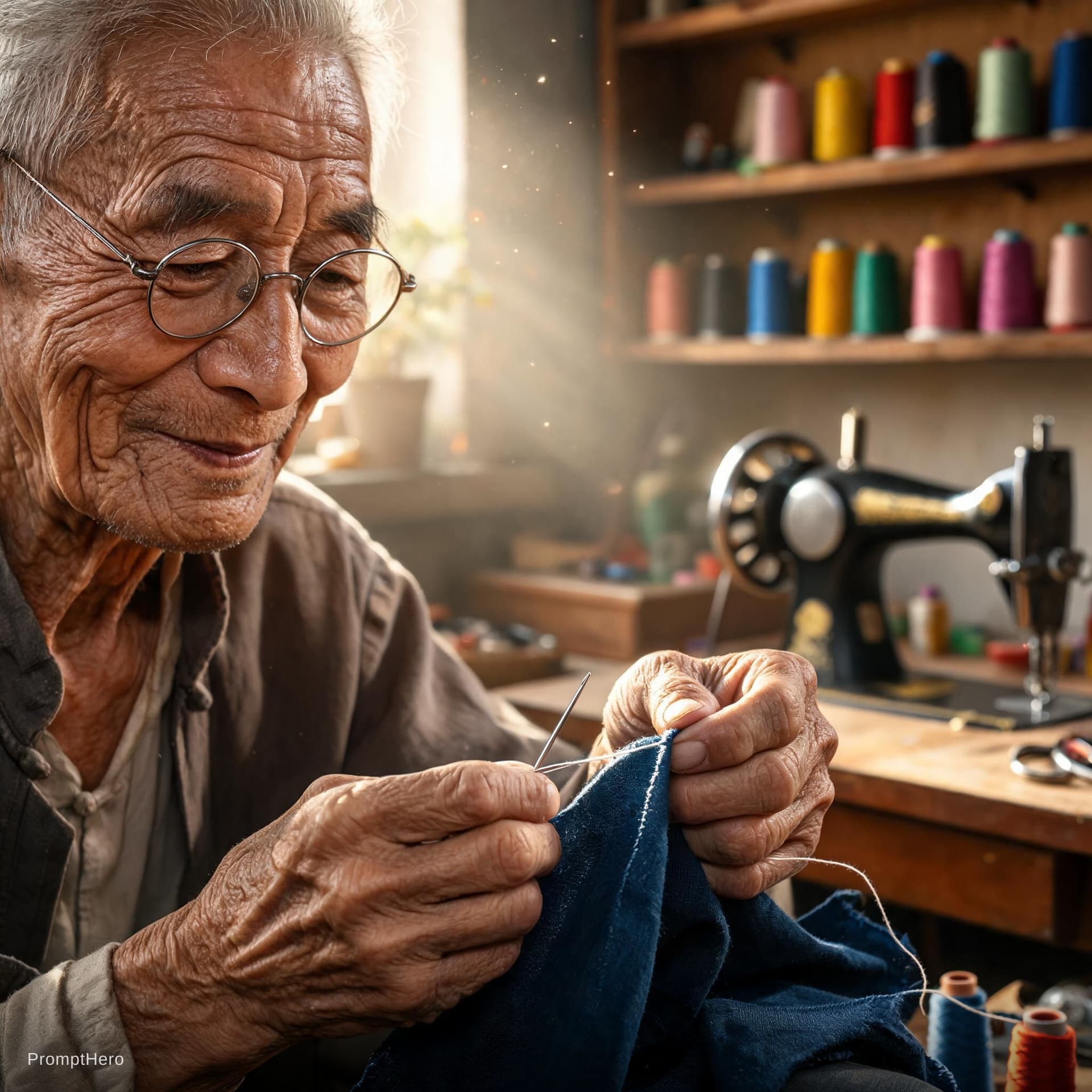 AI generated: A hyper-realistic close-up portrait of an elderly artisan tailor with deeply wrinkled skin and a kin...