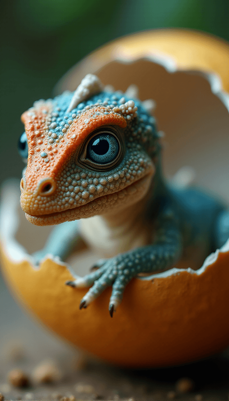 AI generated: (Photorealistic macro shot) of a (miniature newborn dinosaur) crawling out of a (broken eggshell). T...