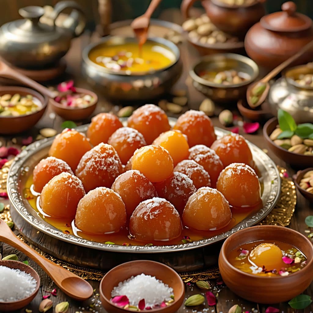 AI generated: "Create a hyper-realistic scene depicting the complete process of making gulab jamun, represented th...