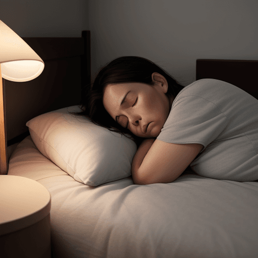 AI generated: ""A woman of about 30 years old, with a medium build, is sleeping on her side on the bed at night. T...