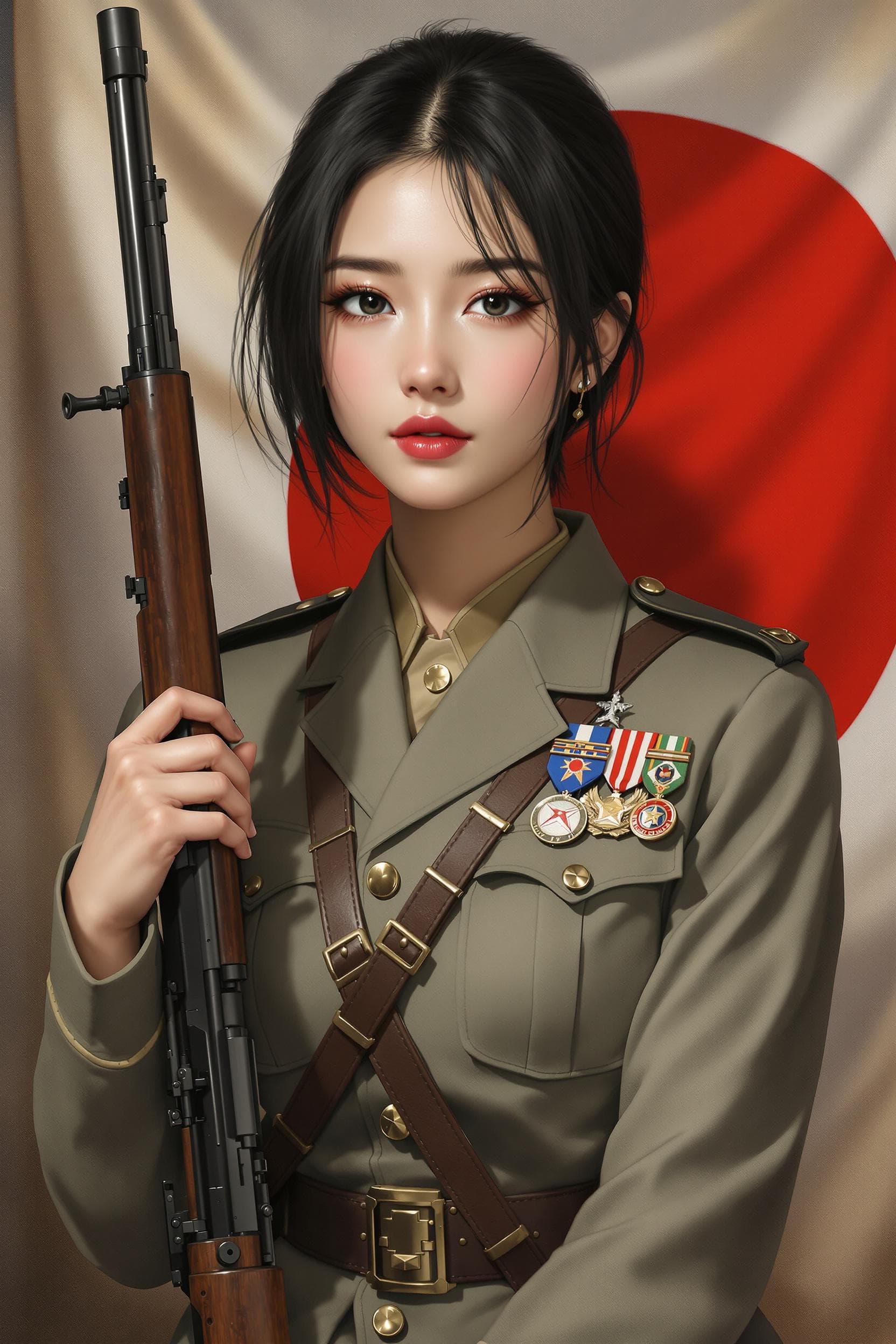 AI generated: Paint a beautiful japanese army girl,black hair,japanese empire ww2 officer uniform ,arisaka bolt ac...