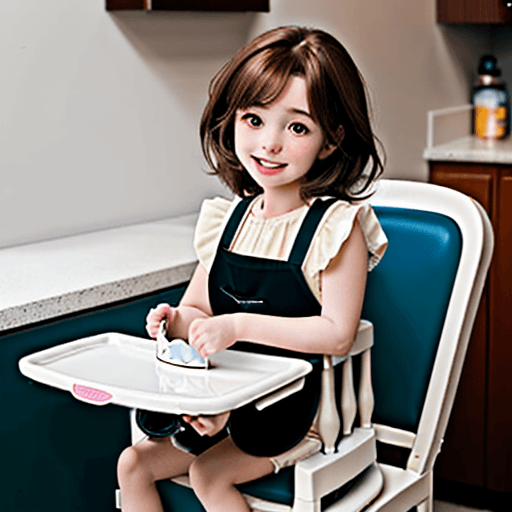 AI generated:  Anime girl with brown hair sitting in a baby highchair while wearing a bib 
