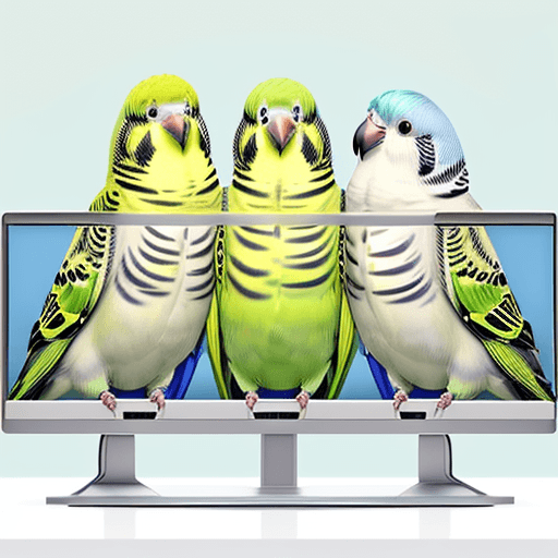 AI generated: 4 semi realistic anime style budgie parakeets, sitting on a mac monitor. One budgie is all white, 2n...