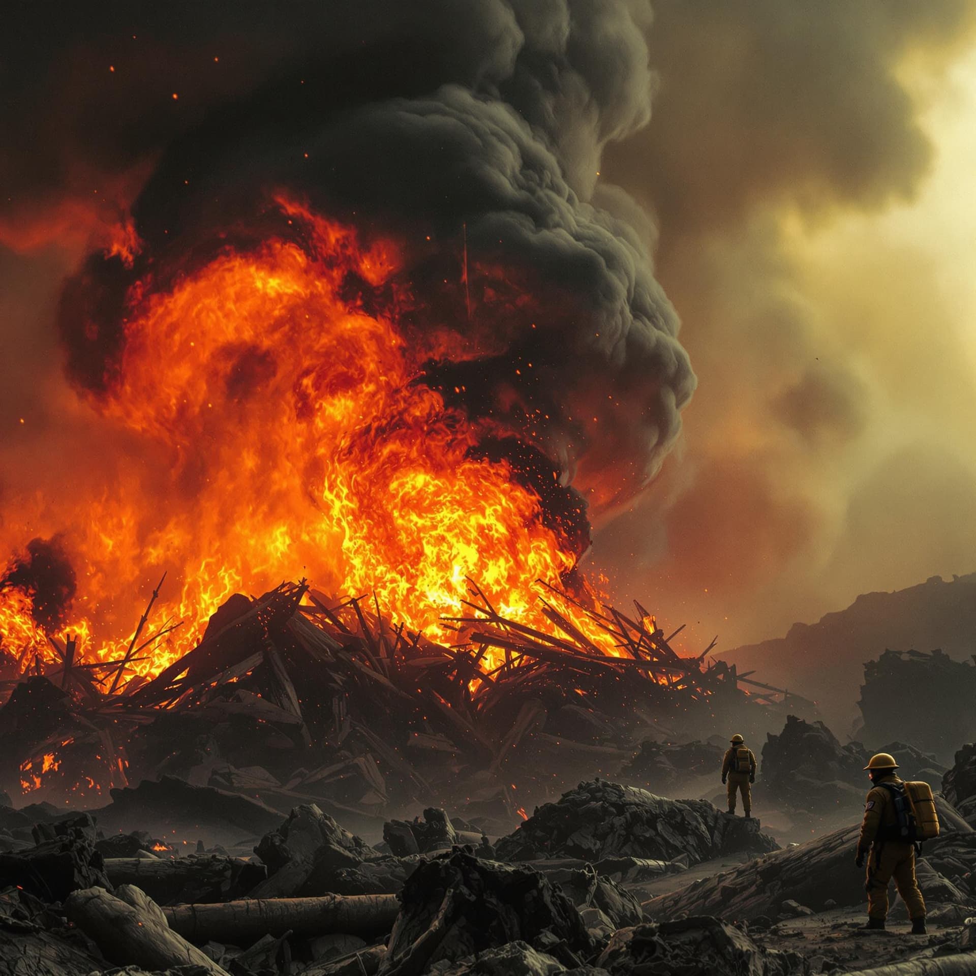AI generated: imagem de um bombeiro com uma mangueira na mao como  se tivesse a apagar o inferno 