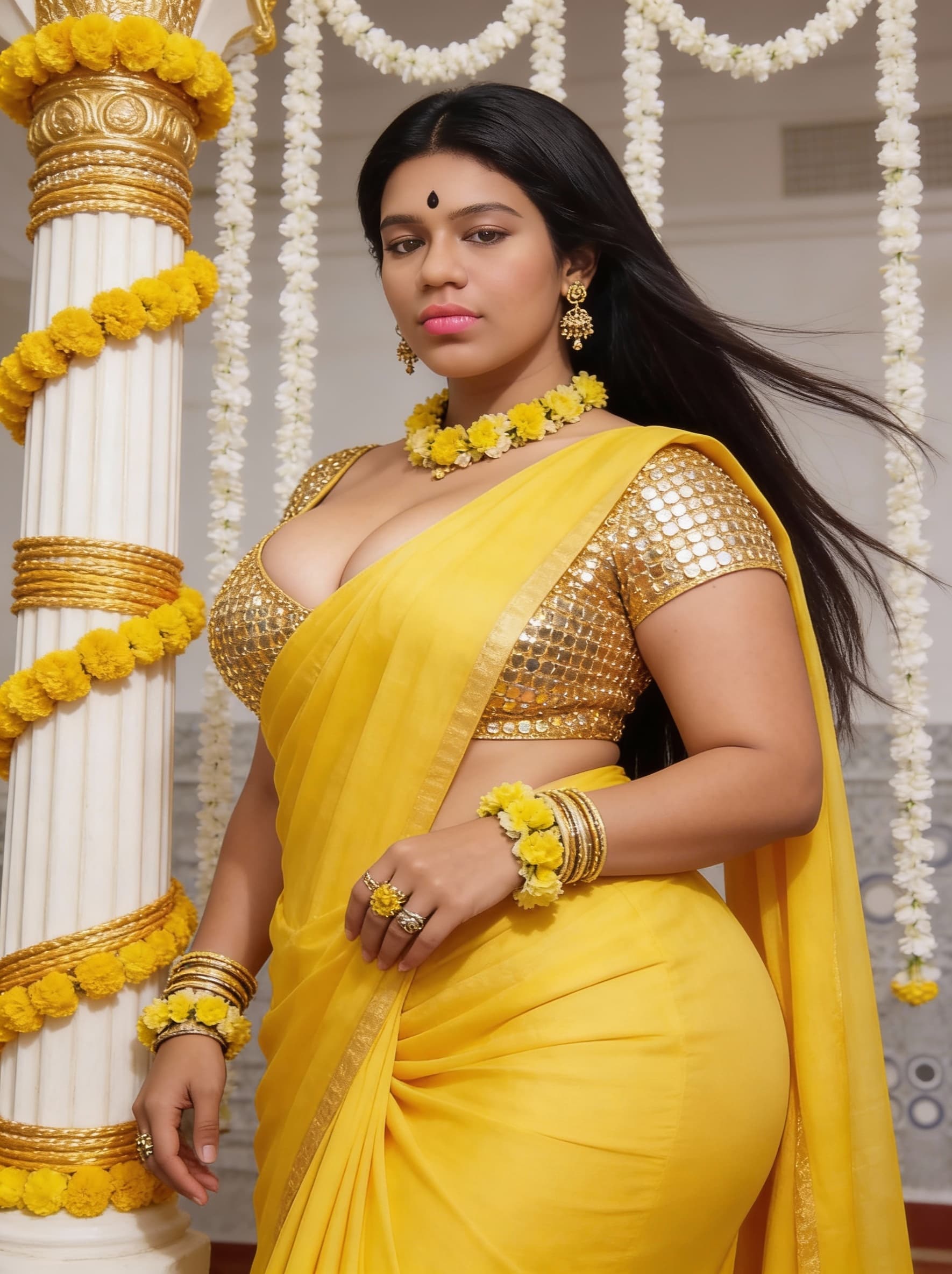 AI generated: Traditional festive outfit, wearing a bright yellow saree with golden mirror work blouse. She has lo...