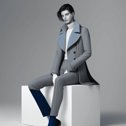 AI generated: a man sitting on top of a white cube, blue and grey tones, trending on interfacelift, coat, artforum...
