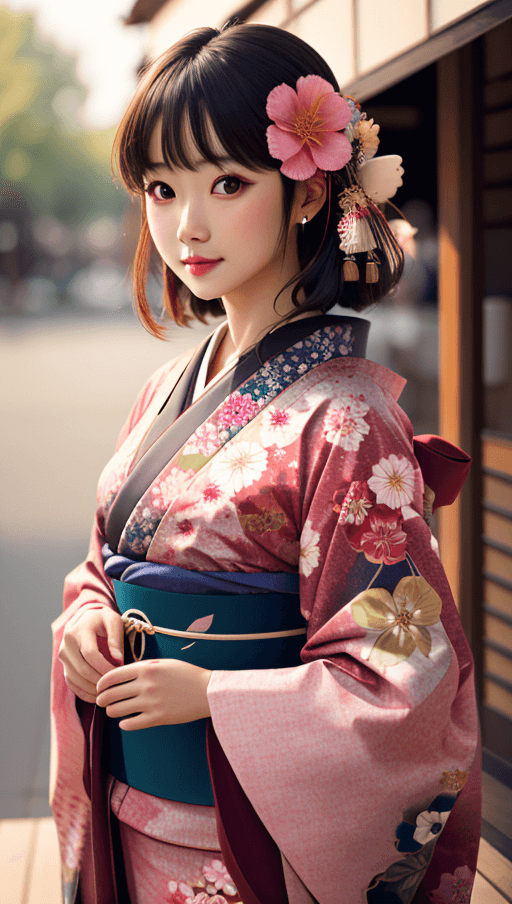AI generated: <lora:FilmVelvia3:0.6>, 1girl, solo, outdoor, cute japanese model girl, kimono, floral print, hair o...