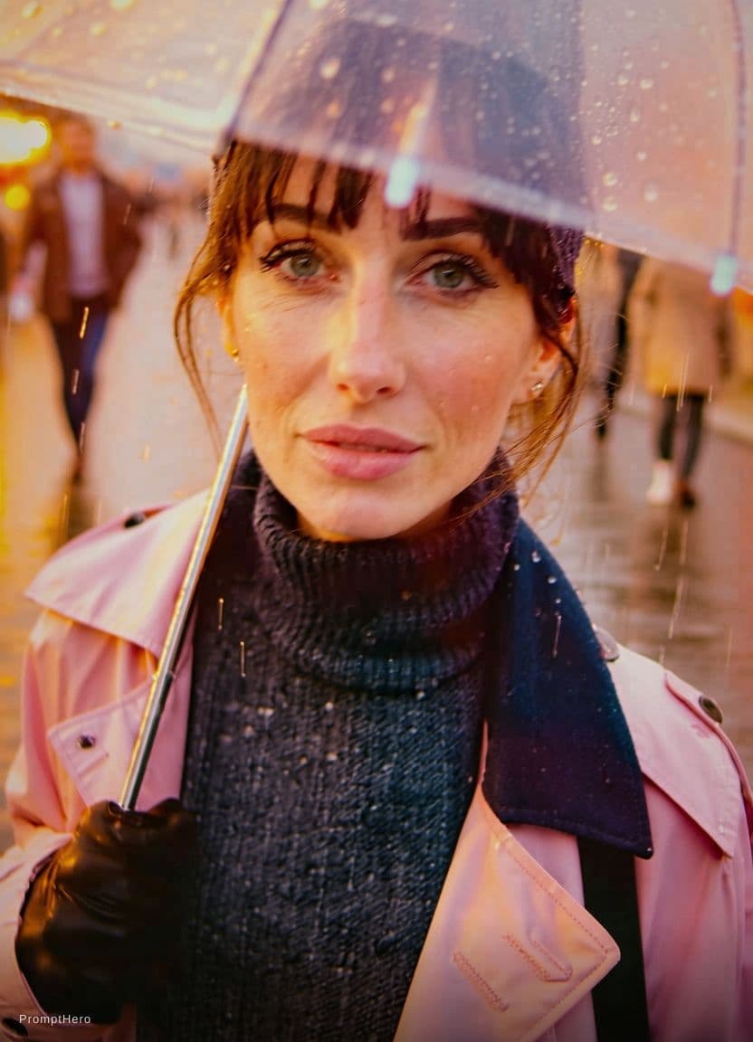 AI generated: A stylish young Caucasian ultra cutest woman in a modern pastel trench coat, crossing a rain-slicked...