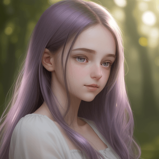 AI generated: Portrait of a mid-20s woman looking directly with dreamy, innocent purple eyes that shimmer with a s...