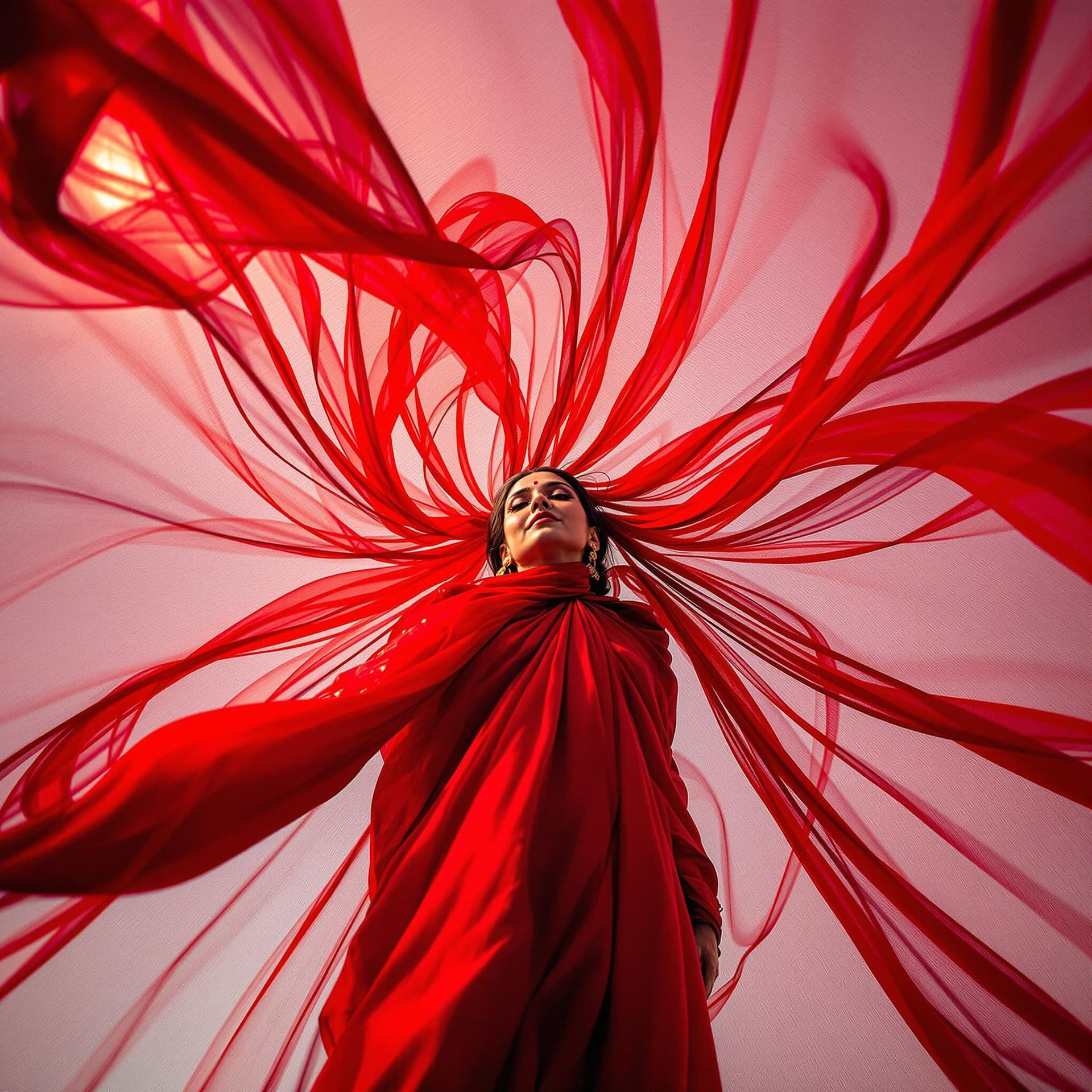 AI generated: Fashion photograph in the style of “bug’s-eye view” of a beautiful 45yo old Indian women wearing flo...