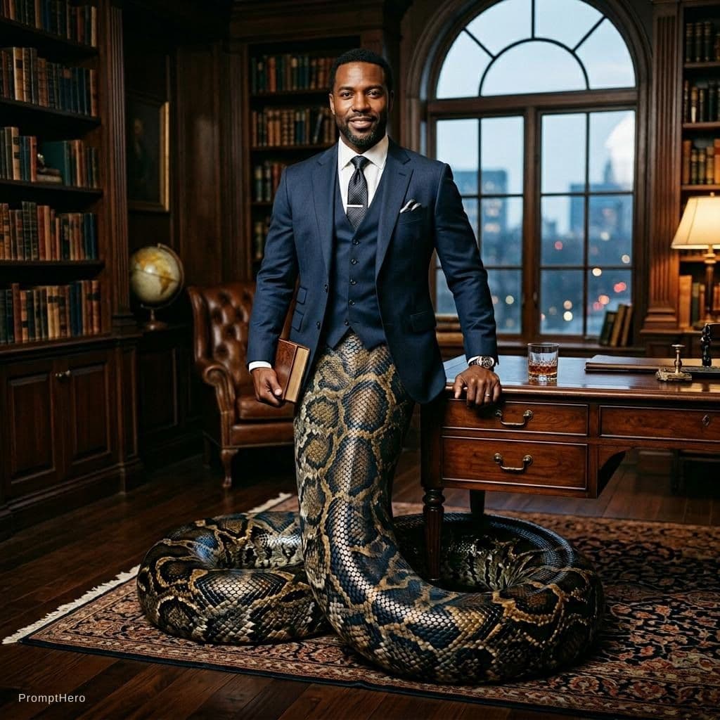 AI generated: Half man half snake wearing a suit up top but bottom half is a snake - African American Man
