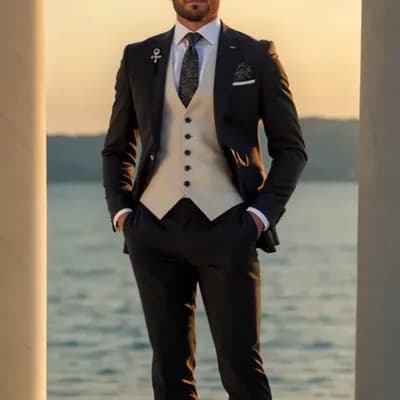 AI generated video: Elegant male model wearing a tailored luxury suit, standing in a minimalist studio with soft diffuse...