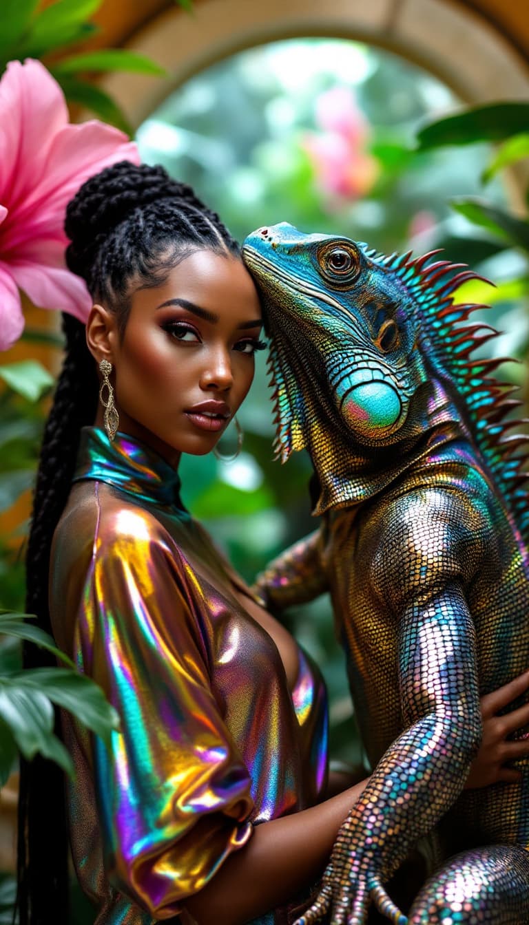AI generated: a closeup photo of a gorgeous model wearing a shimmering metallic blouse with a huge iridescent rain...