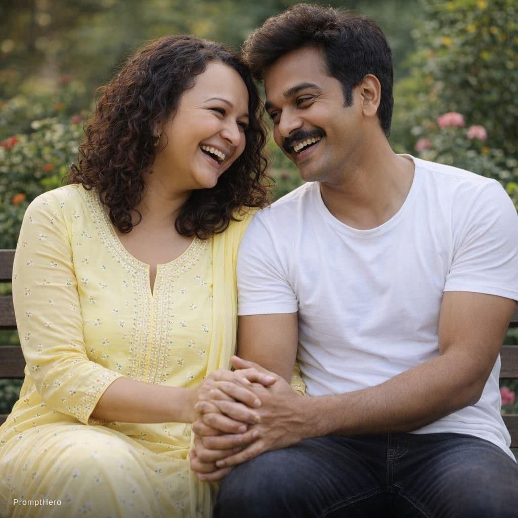 AI generated: romentic couple seated on bench in garden 
Holding each other’s hands and laughing together pose”