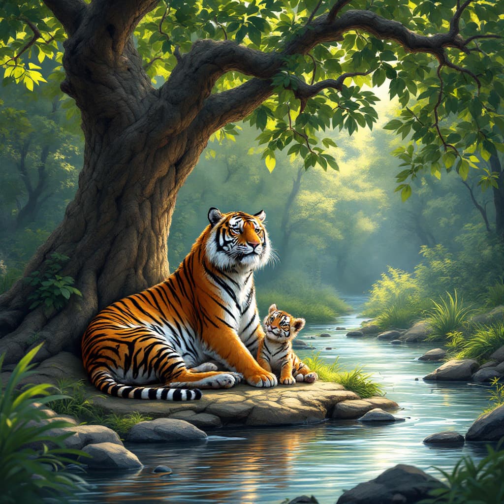 AI generated: A majestic tiger and its cub sitting peacefully under a large, leafy tree near a gently flowing stre...