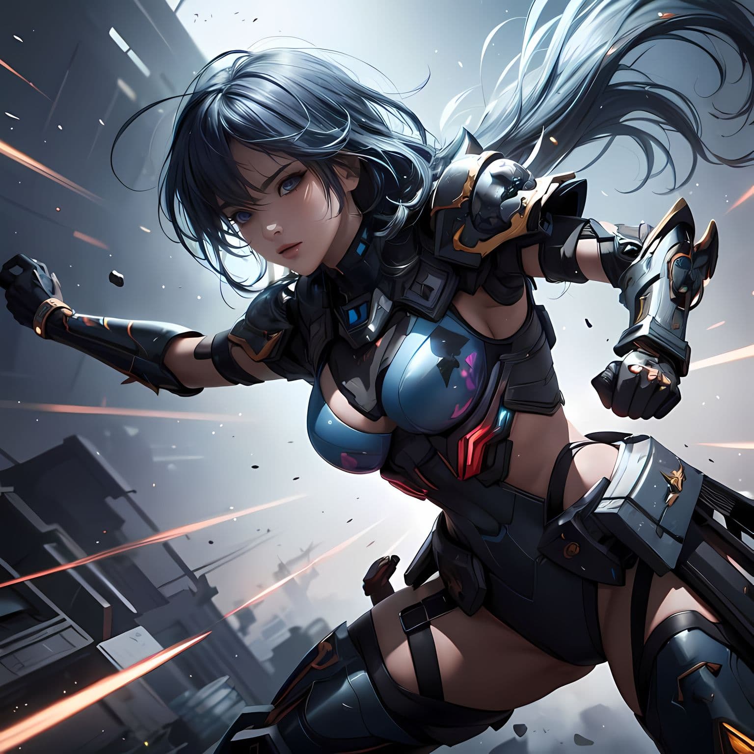 AI generated: urbanpunk, fantasy scenery, girl fighting at war, colorful, holding weapon, body is adorned with glo...