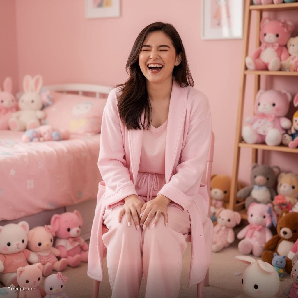 AI generated:  young woman,lingeriemodel,sitting on a chair laughthing,blink,pink,toys and stuffed animals,younges...