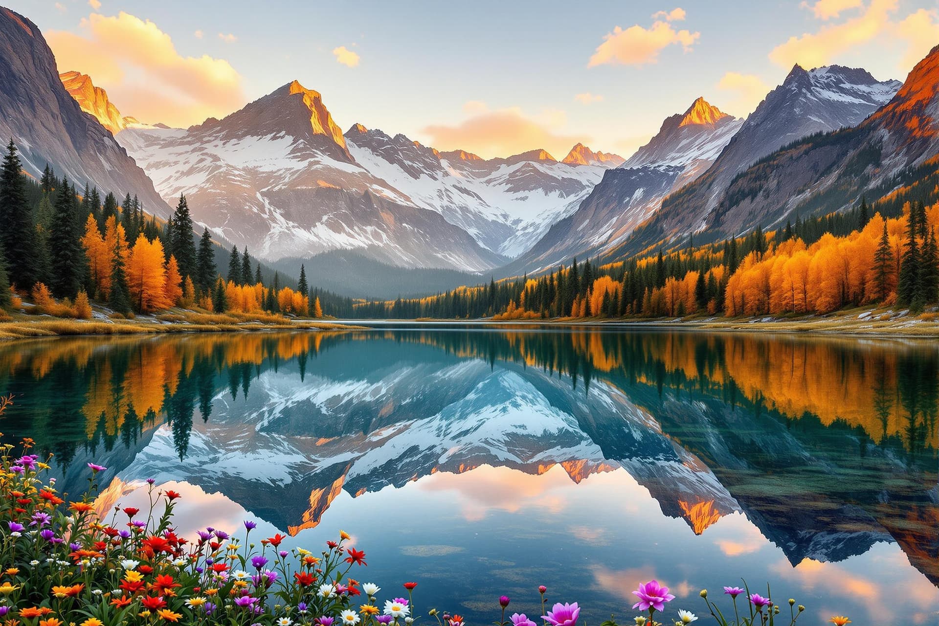 AI generated: "A highly realistic and ultra-detailed photograph of a serene mountain landscape during golden hour,...