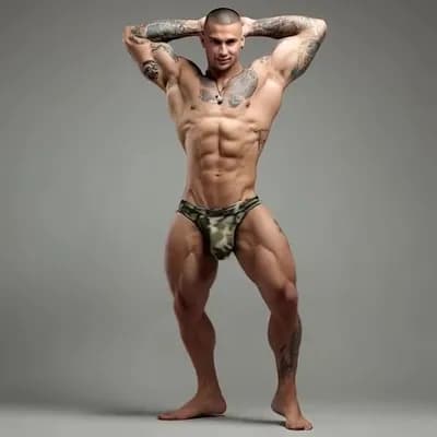 AI generated video: Hands behind head swinging underwear, bulge, from side to side