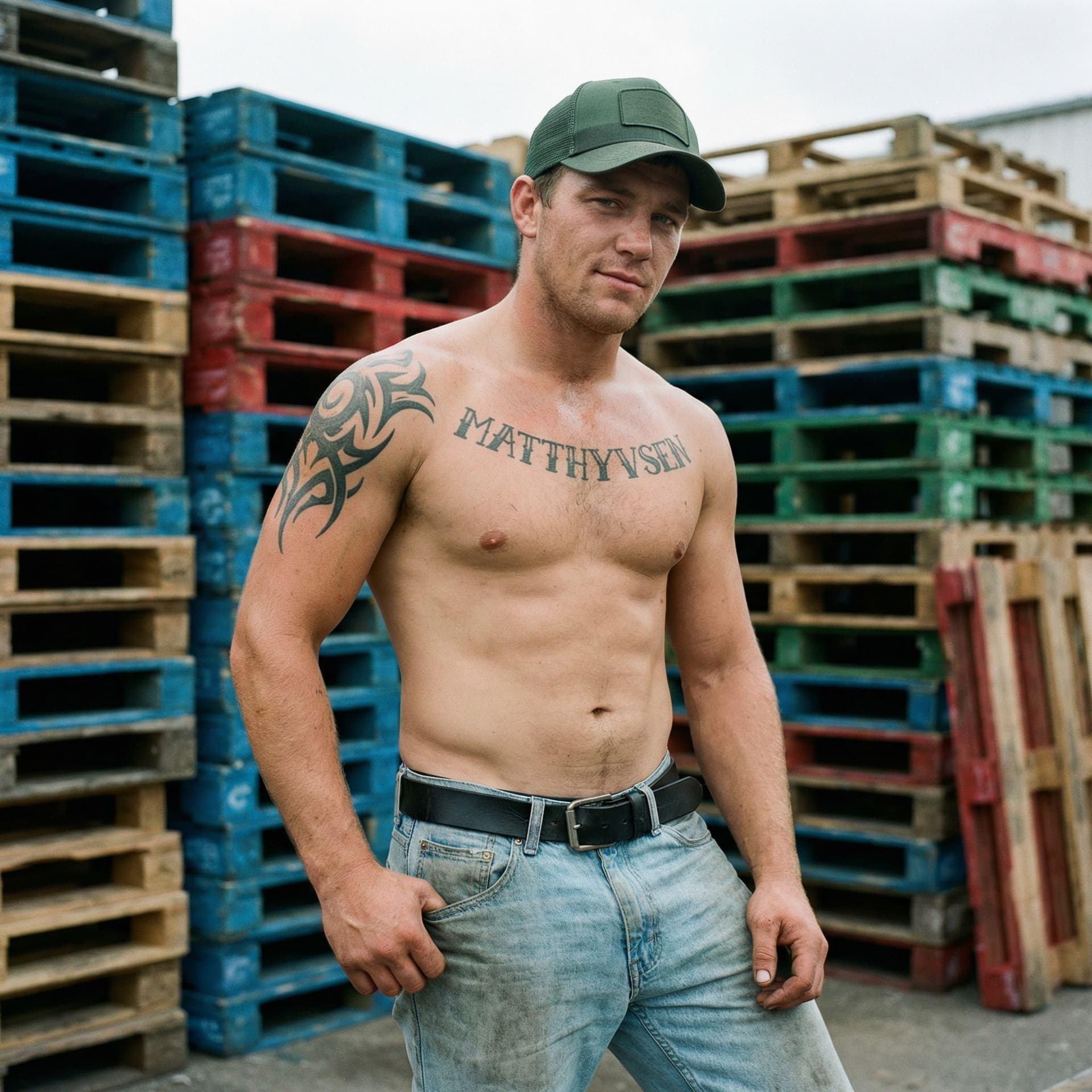 AI generated: Raw candid unposed photograph, natural spontaneous shot of a rugged 28-year-old white man with very ...