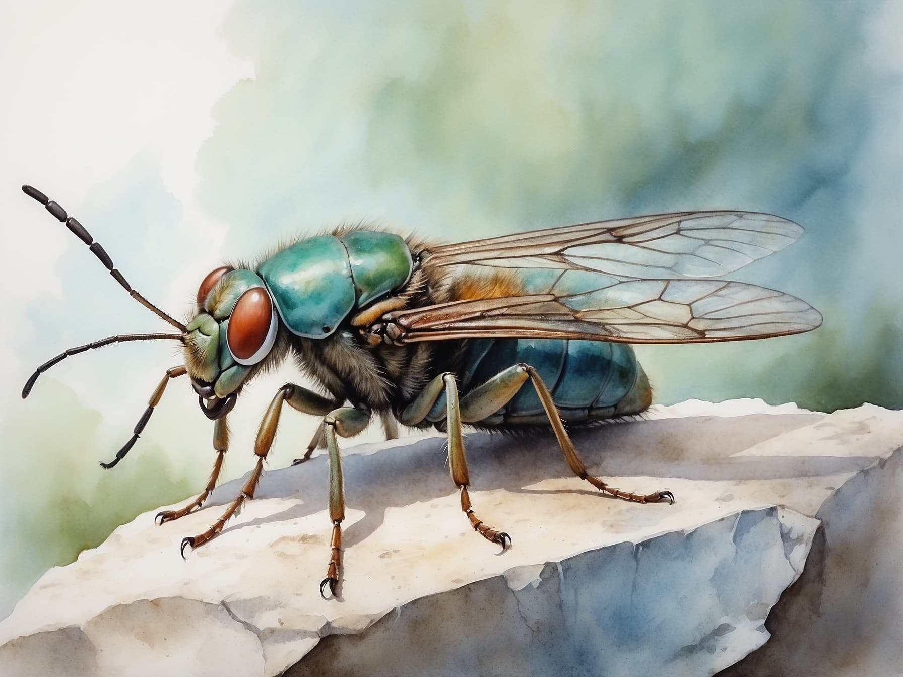 AI generated: a painting of a fly sitting on a rock, a watercolor painting by John Fulton Folinsbee, shutterstock ...