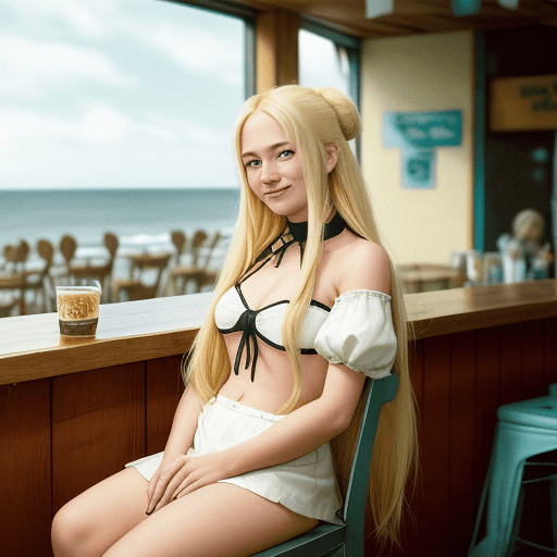 AI generated: a blonde woman with long hair leans on a chair, in the style of social media portraiture, earthcore,...