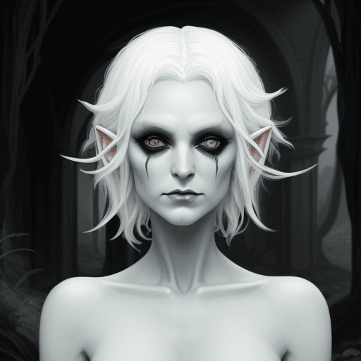 AI generated: DnD Changeling, and·rogyn looking, fey like appearence, pale figure, black empty eyes, white hair