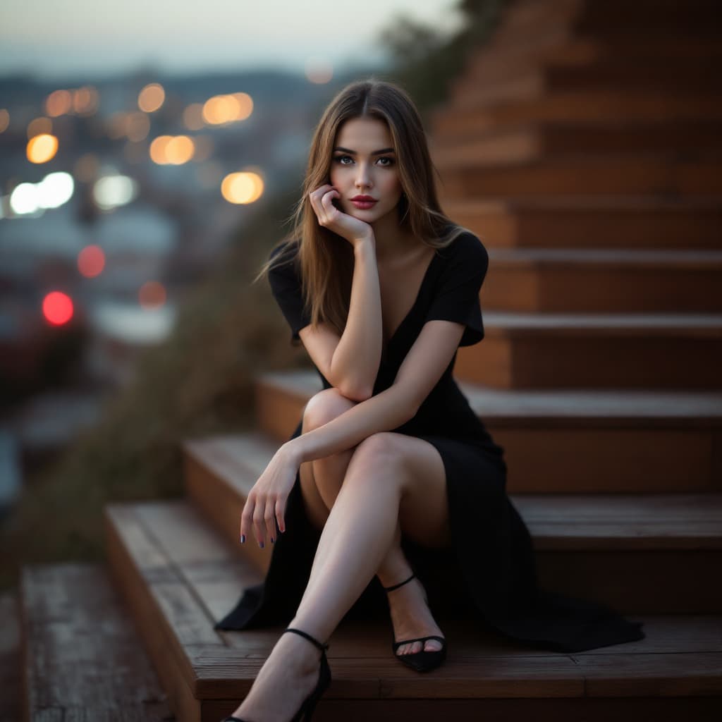 AI generated:  sitting on wooden steps leading up to the viewer. Her pose is elegant and contemplative, with her b...