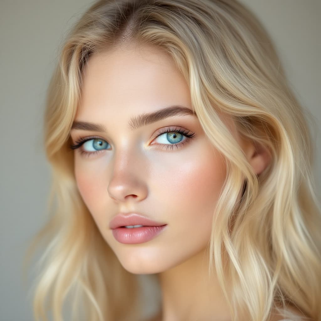 AI generated: She has porcelain-like fair skin, smooth and glowing, which perfectly complements her soft, golden b...